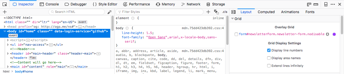 The firefox page inspector in 3 pane mode, with HTML pane on left, CSS rules pane in center, and CSS tool tabs on right