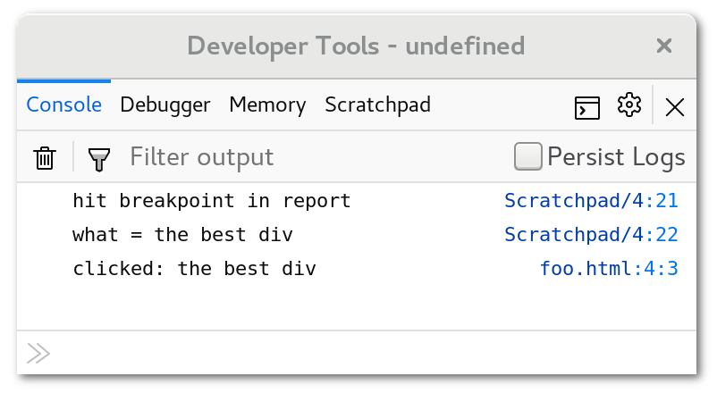 The breakpoint handler's console output