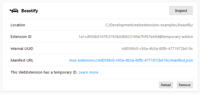 Screenshot of the debugging information panel for a temporary extension
