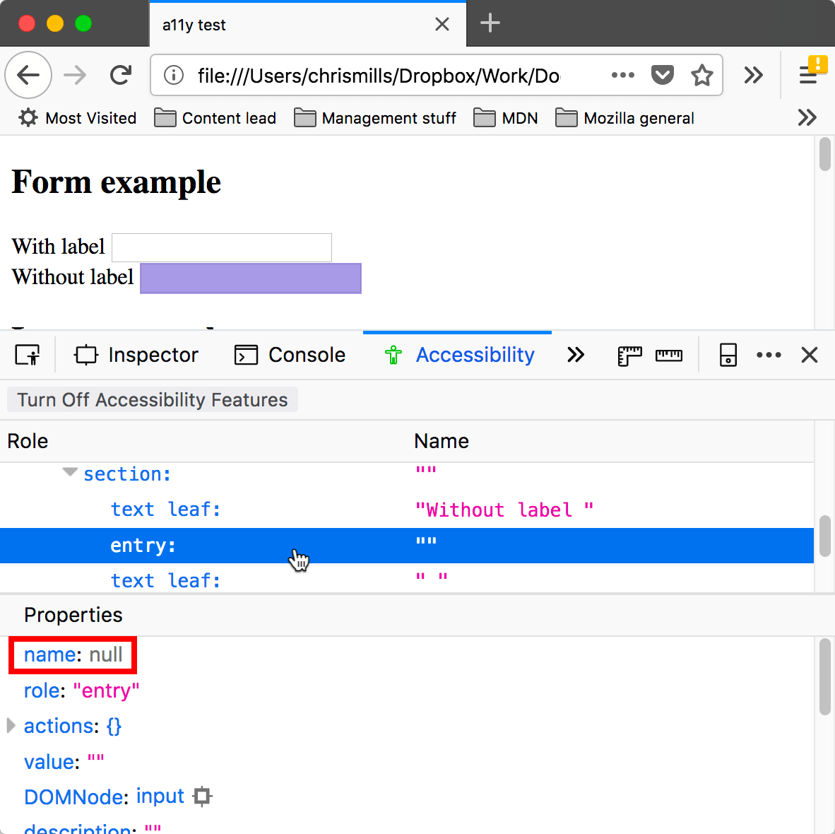 A form input highlighted in the UI, with information about it shown in the accessibility inspector to reveal that it has no label — it has a name property of null